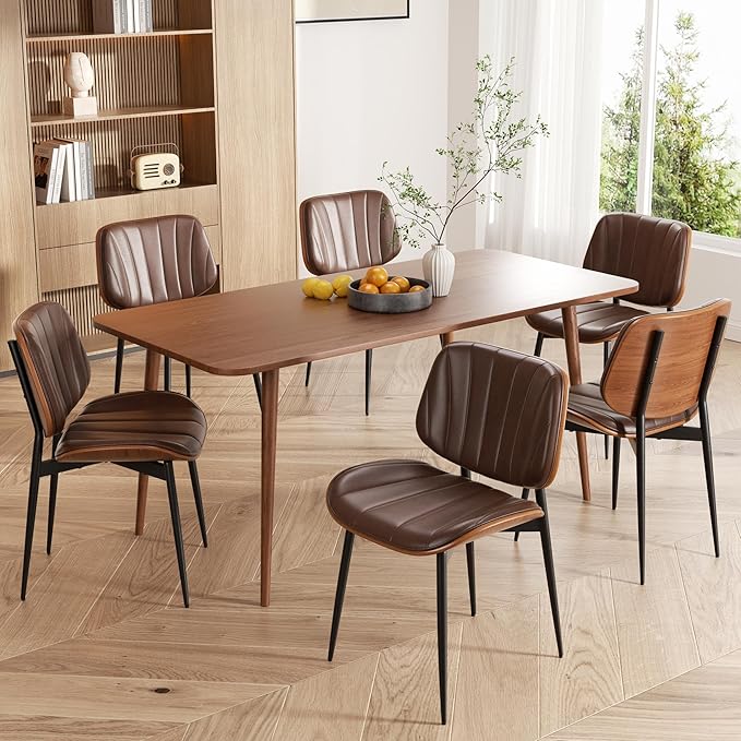 Dining Chairs Set of 6, Mid Century Modern Dining Room Chairs, Upholstered Faux Leather Kitchen Chairs with Walnut Bentwood Back and Metal Legs