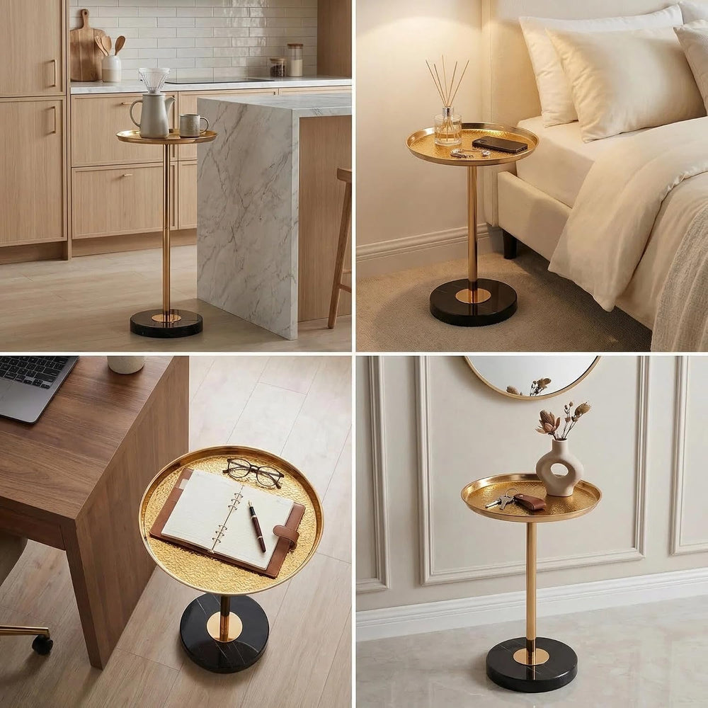 Adjustable Side Table, Small Tea Martini Table, Gold, Natural Marble Decorati...