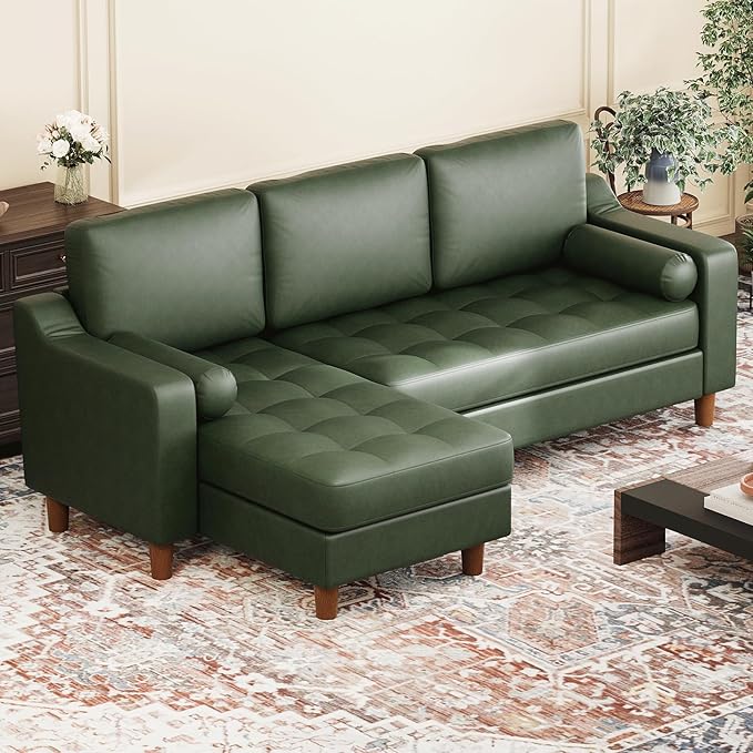 GarveeHome 88.9" L-Shape Sofa&Couch with Convertible Chaise, Sectional Sofa with Deep Seat, Modern Mid-Century Sofa for Living Room, 3 Seat Comfy Leather Couch, Green