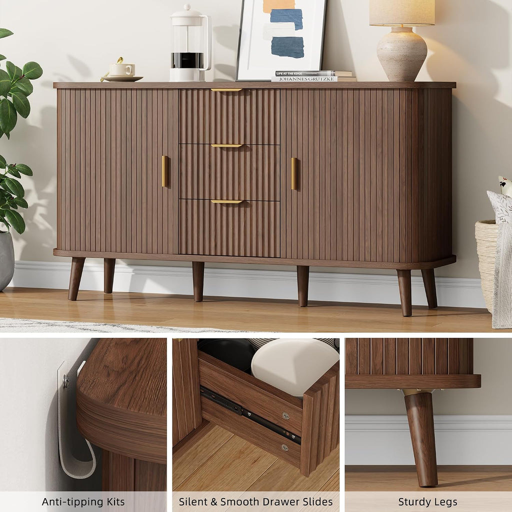 Lulive Walnut Buffet Cabinet, 55" Wide Sideboard Buffet Storage Cabinet | Rolling & Sliding Doors, 3 Wood Drawers, Bar Cabinet for Dining Room, Adjustable Shelves, Wooden Legs