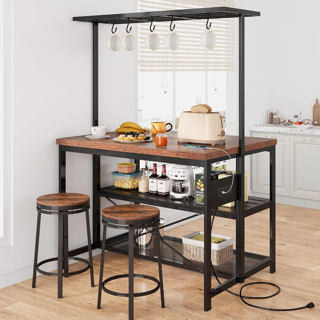 47" Kitchen Island with Storage and Power Outlet - 3-Tier Bakers Rack Microwave Stand, Industrial Coffee Bar Table with Built-in 4-Outlet Power Hub, 5 Hanging s-Hooks & Open Tiered Shelves for Dining