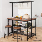 47" Kitchen Island with Storage and Power Outlet - 3-Tier Bakers Rack Microwave Stand, Industrial Coffee Bar Table with Built-in 4-Outlet Power Hub, 5 Hanging s-Hooks & Open Tiered Shelves for Dining