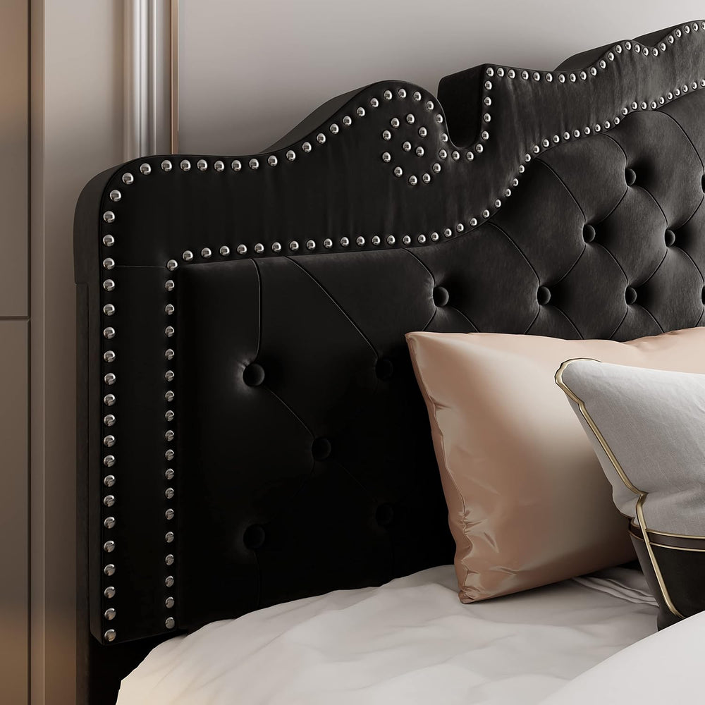 Allewie King Bed Frame with Adjustable Velvet Tiara Headboard, Upholstered Di...
