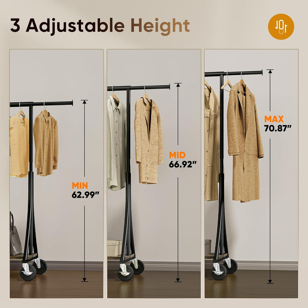 HOKEEPER Clothes Rack with Wood Shelves Height Adjustable Clothing Rack with Lockable Wheels 500LBS Portable Wooden Garment Closet for Bedroom, Living Room, Laundry, Balcony, Black
