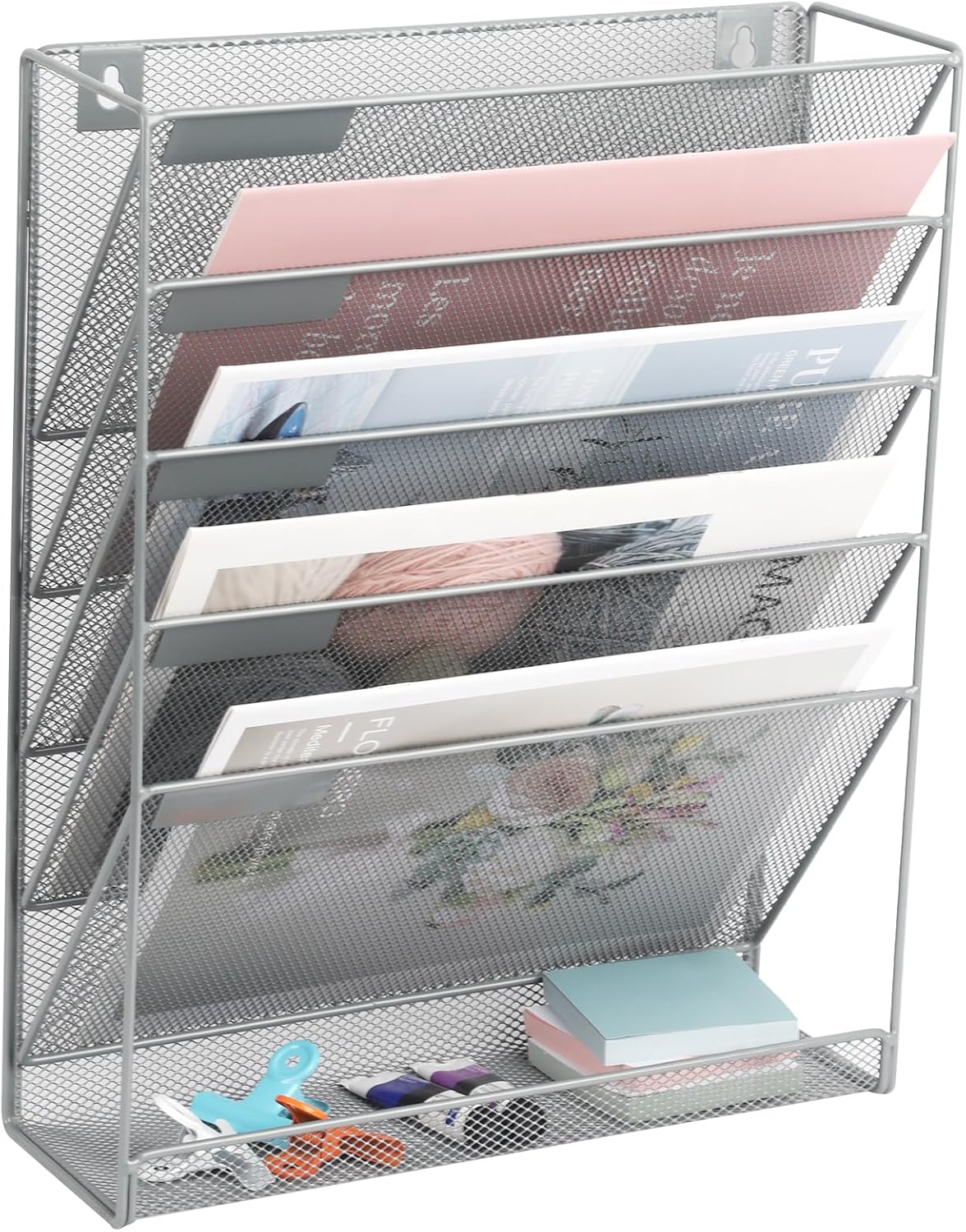 EASEPRES Desk File Organizer Mesh 6-Tier, Hanging Wall Mount Document Organization Stand, Desktop Vertical Mail Paper Folder Holder Rack with Bottom Tray for Office Home Cubicle Countertop, Gray