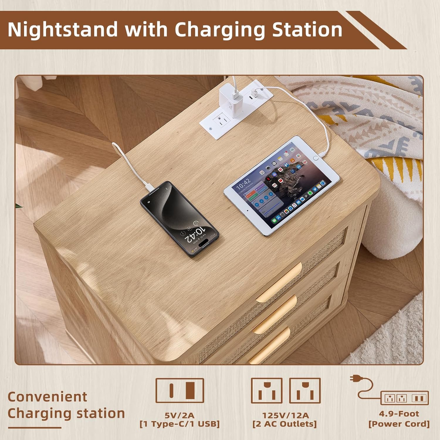 LEYAOYAO Rattan Night Stand with Charger Station, 23" Large 3 Drawer Boho Nightstand, Natural Wood Bedside Table Storage Cabinet, Bed Side End Tables for Bedroom, Living Room, Hallway