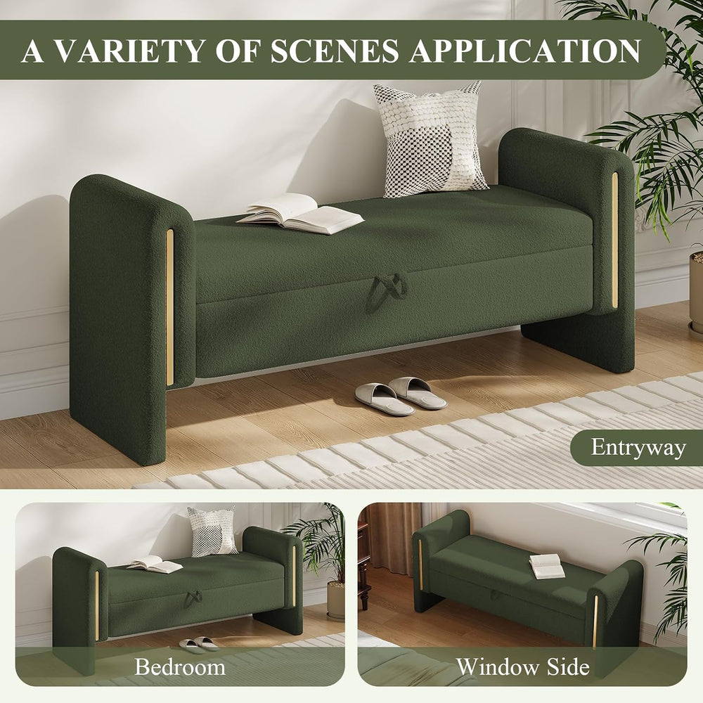 52" Storage Ottoman Bench, Teddy Upholstered End of Bed Bench with Pull-...