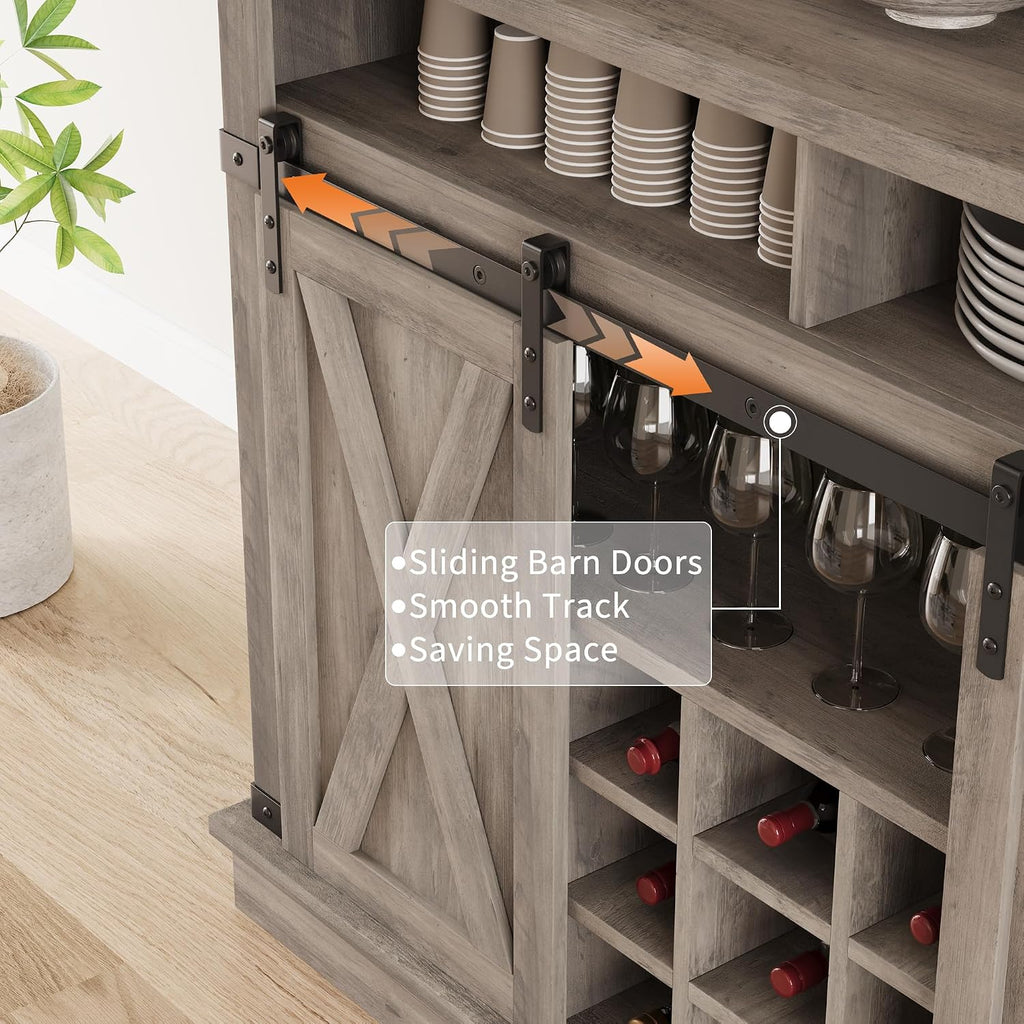 GarveeHome Bar Cabinet 75 in Tall Coffee Hutch Large Kitchens Hutch Farmhouse Coffee Bar Cabinet Cupboard with Sliding Barn Door (Gray)