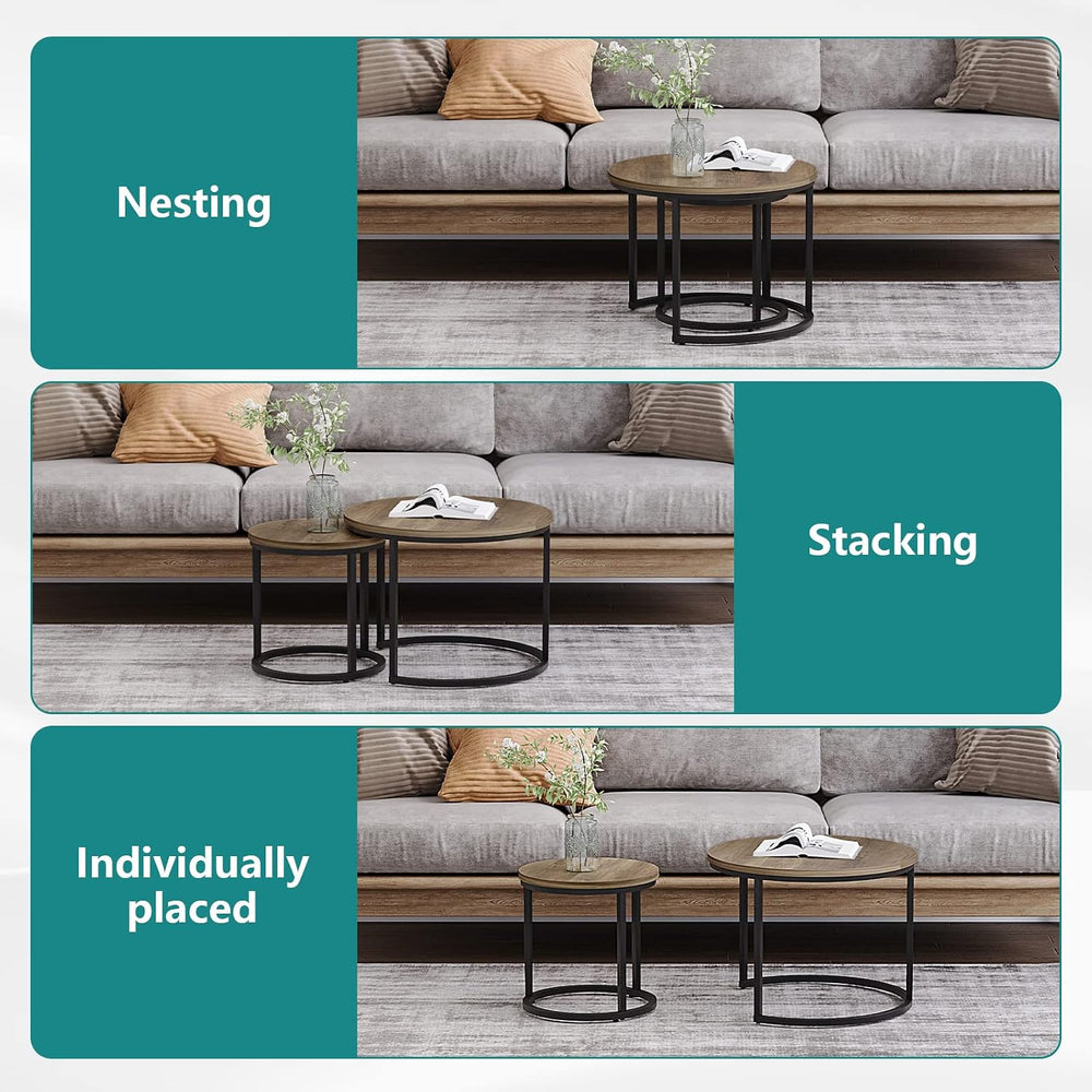 Smuxee Nesting Coffee Table Set of 2, 23.6" Round Coffee Table Wood Grai...