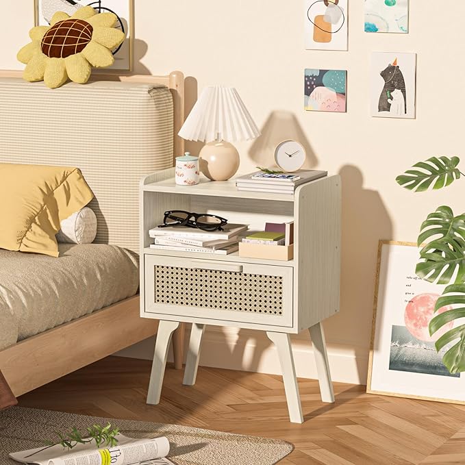 Lerliuo Rattan Nightstands Set of 2, Side Table with Drawer Open Shelf, Cane ...