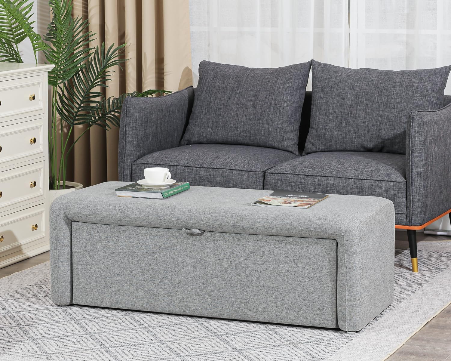 Homebeez 48" Storage Ottoman Bench with Side Opening, Large Storage Bench for Bedroom End of Bed, No Assembly Ottoman Foot Rest, Upholstered Entryway Bench for Living Room, Light Gray