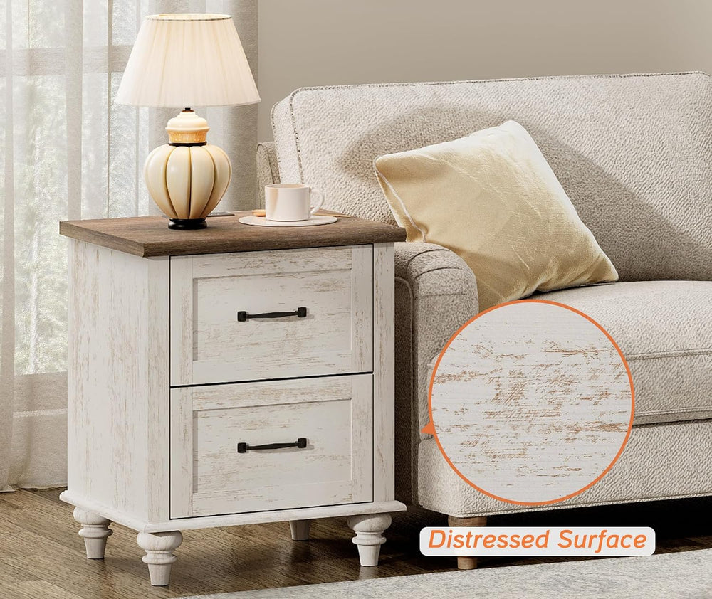 WAMPAT Nightstand Side Table with Charging Station, Antique White End Table w...