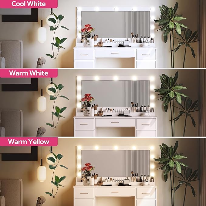 47.5” Vanity Desk with Large Mirror, 3 Colour Lighting Modes, Adjustable Brightness, Dresser with 3 Drawers & 2 Vertical Cabinets, Makeup Vanity Table for Women Girls