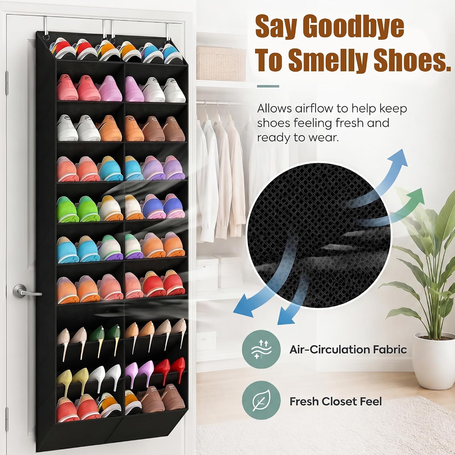 20-30 Pairs Over the Door Shoe Organizer, Breathable Pockets Hanging Shoe Storage for Closet, 10-Tier Door Shoes Rack, Handing Shoes Holder Fit All the Family's Sneakers, Boots, Heels, Black