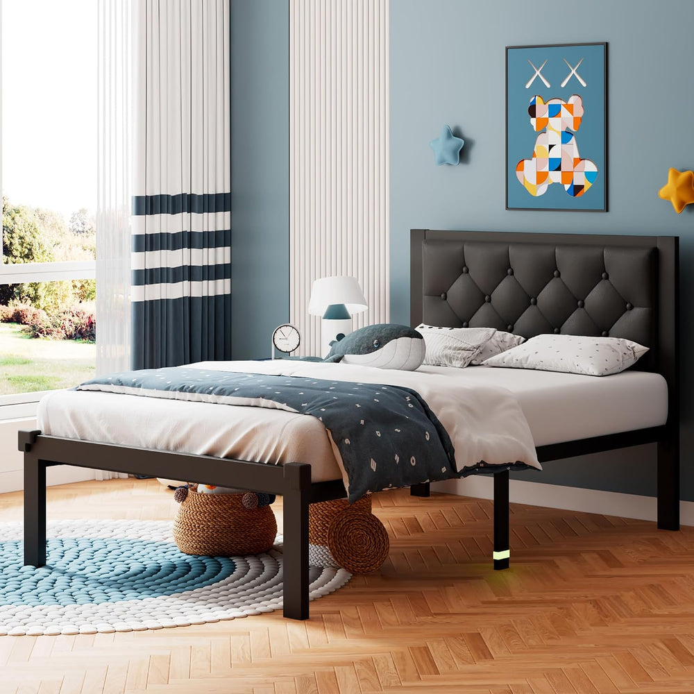 iPormis Twin Size Metal Bed Frame, Faux Leather Platform Bed Frame with Butto...