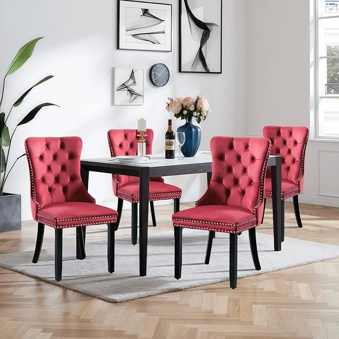 Velvet Upholstered Dining Chairs Set of 4, Modern Style Kitchen Side Chairs with Nailhead Trim and Wood Legs,Metal Pulling Ring for Dining Room Living Room(Wine Red,Set of 4)