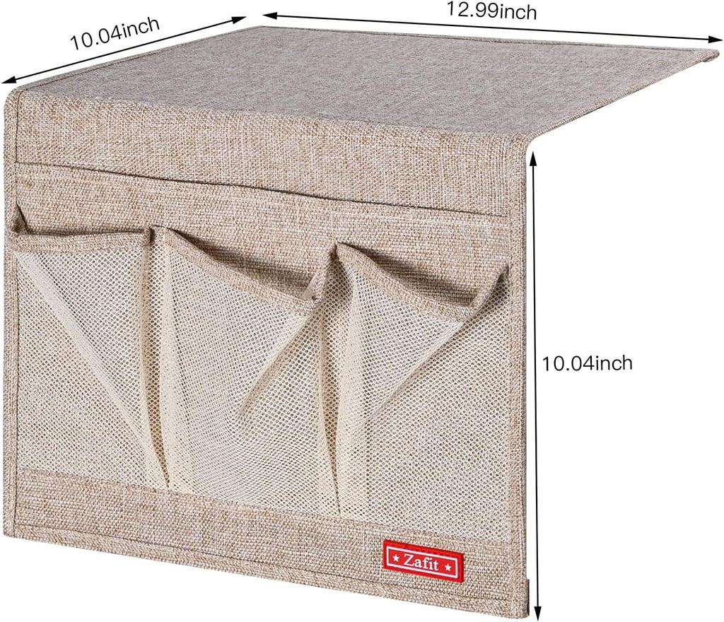 Linen 4 Pockets Bedside Caddy, Bedside Storage Organizer for Magazine, Remotes, Phone (Beige, Classic 4 Pockets)