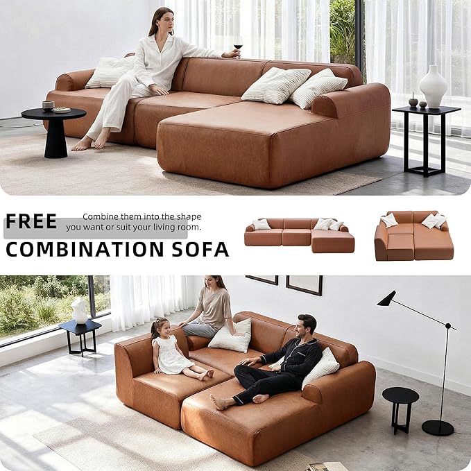 105” Modular Faux Leather Cloud Couch, Deep Seat L-Shaped Sectional with Removable Wipe-Clean Covers and Replaceable Cover Design for Living Room (Orange, 3 Seater+Right Facing Chaise)