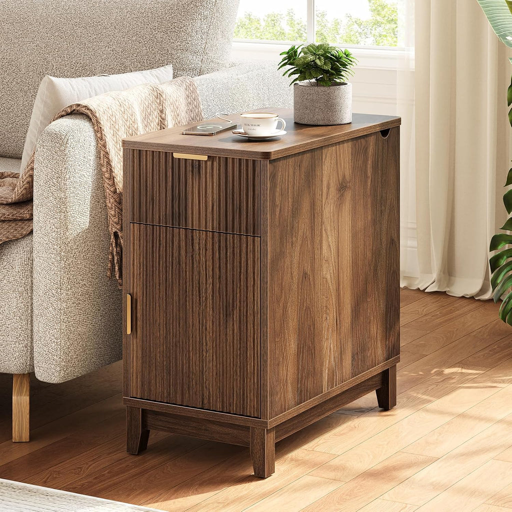 Yoobure End Table with Charging Station - Narrow Side Table for Living Room, Fluted Night Stand with Drawer and Storage Cabinet, Wood Nightstand with Adjustable Shelf for Bedroom Small Spaces, Walnut
