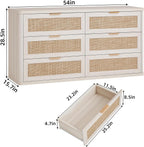 LEYAOYAO Rattan 6 Drawer Dresser for Bedroom Set of 2, Boho 54" Wide White Dresser Chest of Drawers, Dressers TV Stand with Metal Handle, Storage Dressers Closet Organizer for Living Room, Hallway