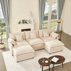 108" U Shaped Couch, Modular Sectional Sofa, 3-Seater Comfy Cloud Couch, Set of Modular Pieces with Movable Ottoman, Deep Seat Couches for Living Room, Linen, Beige