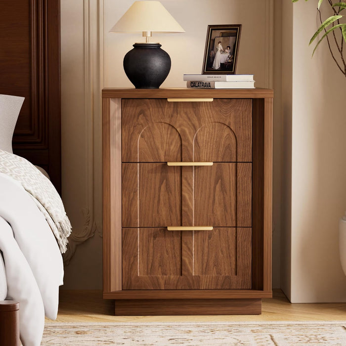 Nightstands Set of 2, Mid Century Modern 3 Drawer Bedside Tables with Arched Fronts and Gold Handles, Walnut End Tables for Bedroom, Living Room, Small Spaces，Walnut