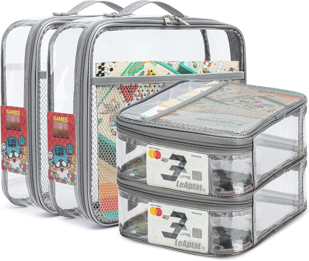 4 Pack Clear PVC Zippered Toy Storage Bags for Toy, Kids Toy, Building Blocks, Puzzle, Clay, Board Game Storage Organizer Travel Waterproof Small Bags With Name Tag Pocket (Gray, L & S)