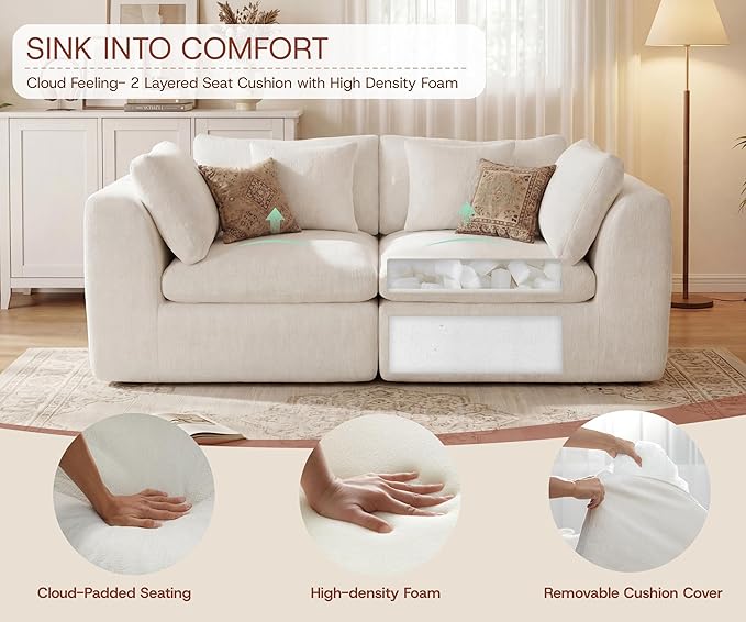 79'' Oversized Cloud Sectional Boneles Loveseat for Living Room, Modern Big Compressed 2 Seater Couch with 2 Throw Pillows, Comfy Chenille Deep Seat Memory Foam Spineless 2 Person Couch, Beige | No Assembly Needed, Premium Chenille, Flexible Modular, W...