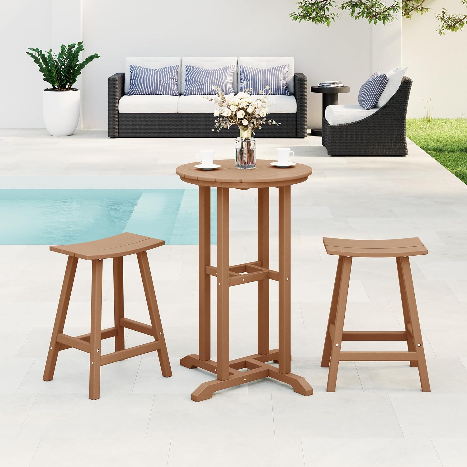 Costaelm Outdoor Bar Table, 37" Counter Height Round Patio Cocktail Bar Table, Patio Bar Table Bistro Dining Table Pub Table for Front Porch Deck, Backyard, Garden, Teak