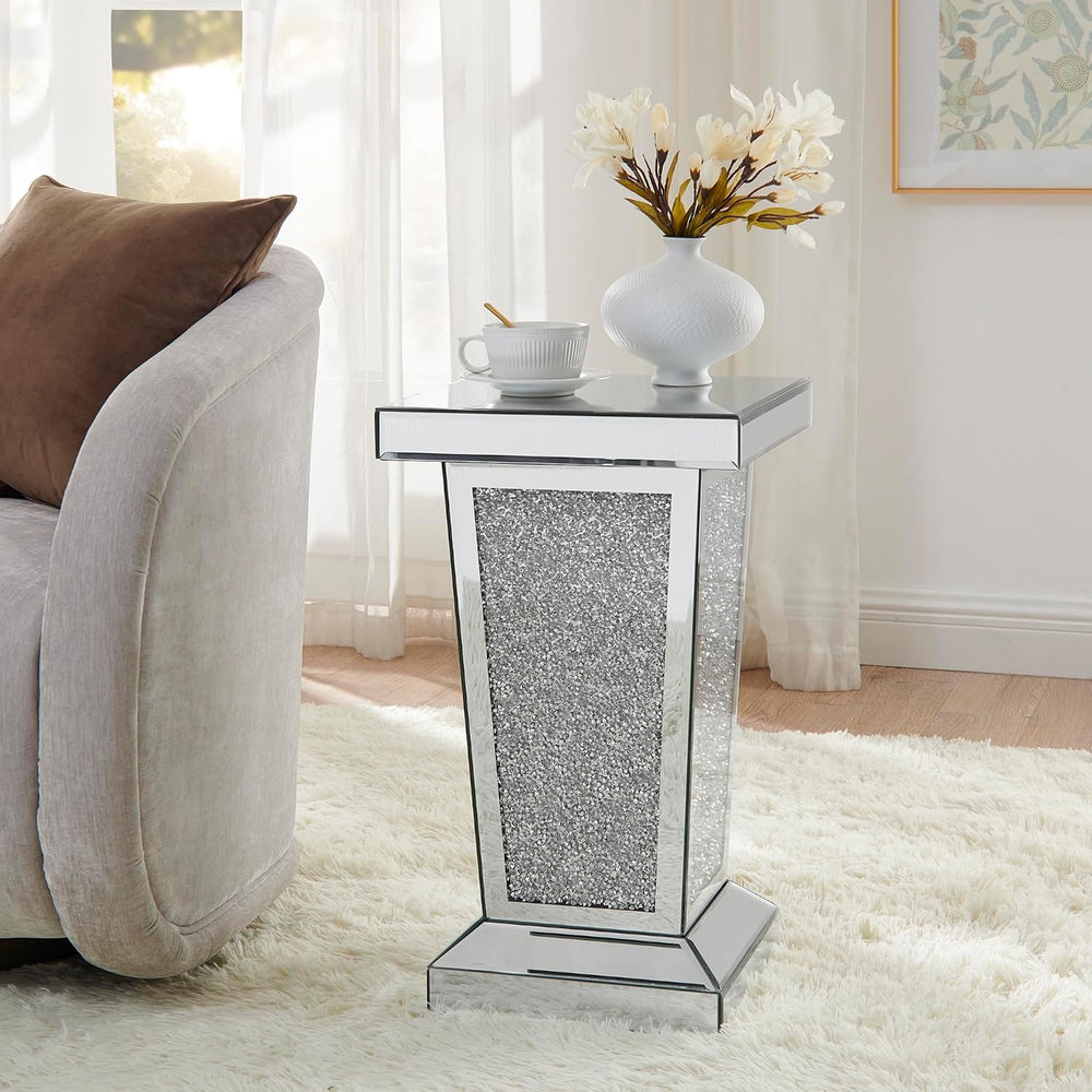 Silver Mirrored End Table with Crystal, Modern Side Accent Table, Square Smal...