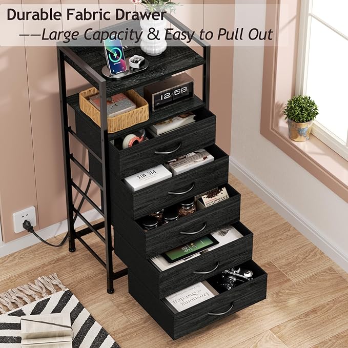 Furnulem Night Stand with Charging Station, Tall Black Dresser for Bedroom, N...