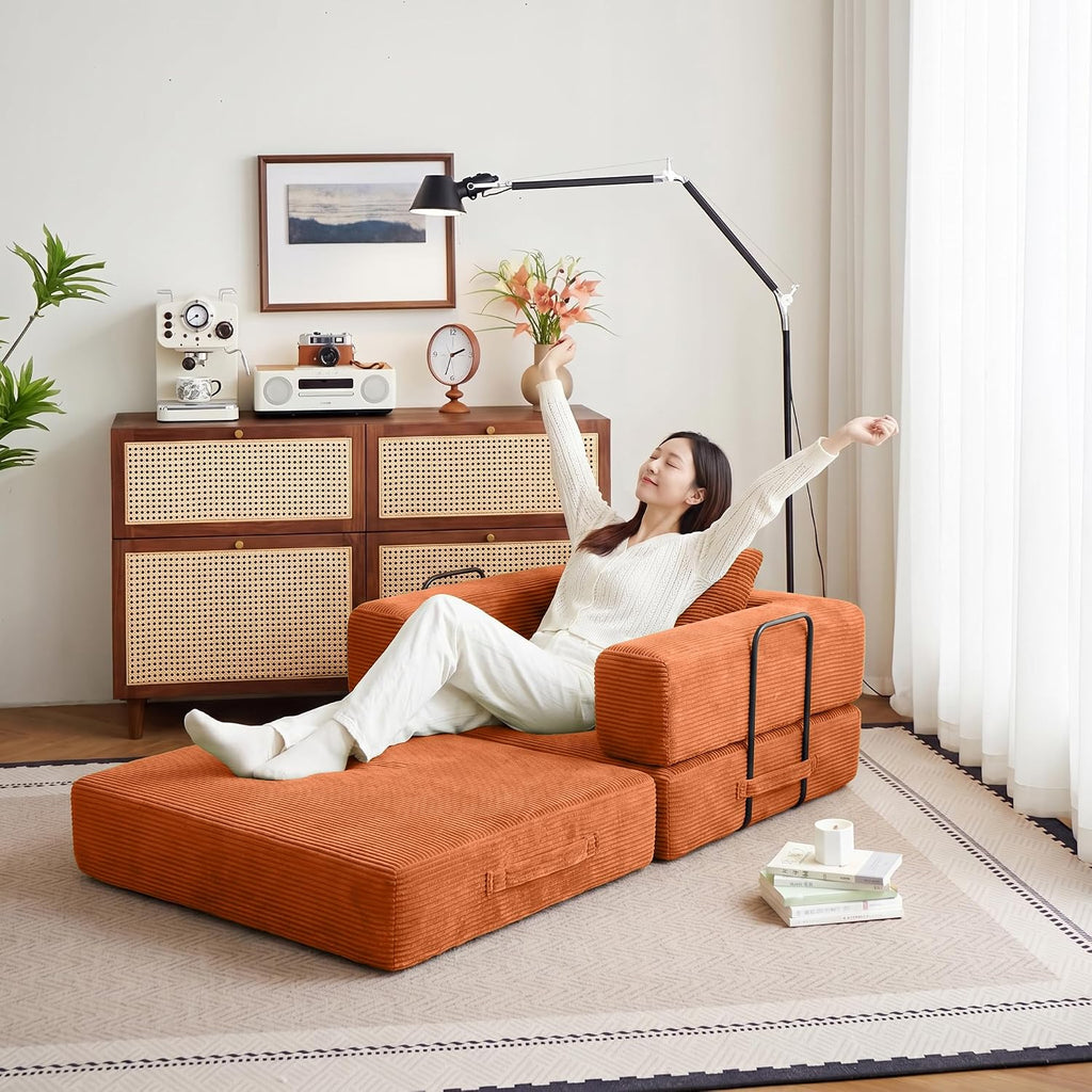 37.4in Convertible Sofa Bed, Corduroy Boneless Couch Bed, Futon Sleeper Sofa Pull Out Bed, Foldable Couch for Living Room Apartment, No Assembly Required