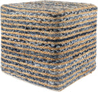 LR Home Indoor Ottoman Pouf for Home décor | Farmhouse Striped Pouffe for Living Room, Bedroom, Lounge, Nursery, Kidsroom | 18" x 18" x 18", Denim/Beige