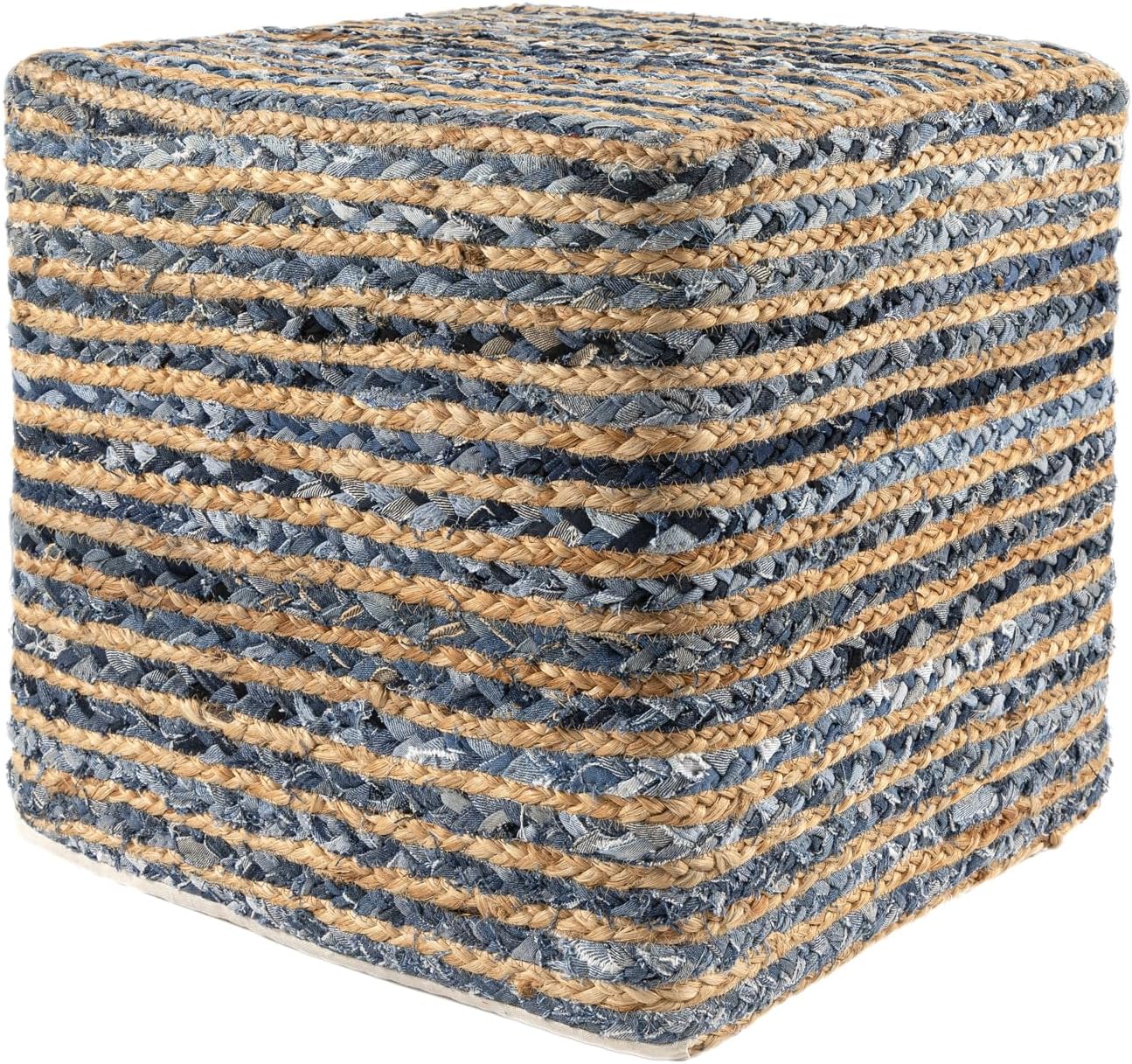 LR Home Indoor Ottoman Pouf for Home décor | Farmhouse Striped Pouffe for Living Room, Bedroom, Lounge, Nursery, Kidsroom | 18" x 18" x 18", Denim/Beige