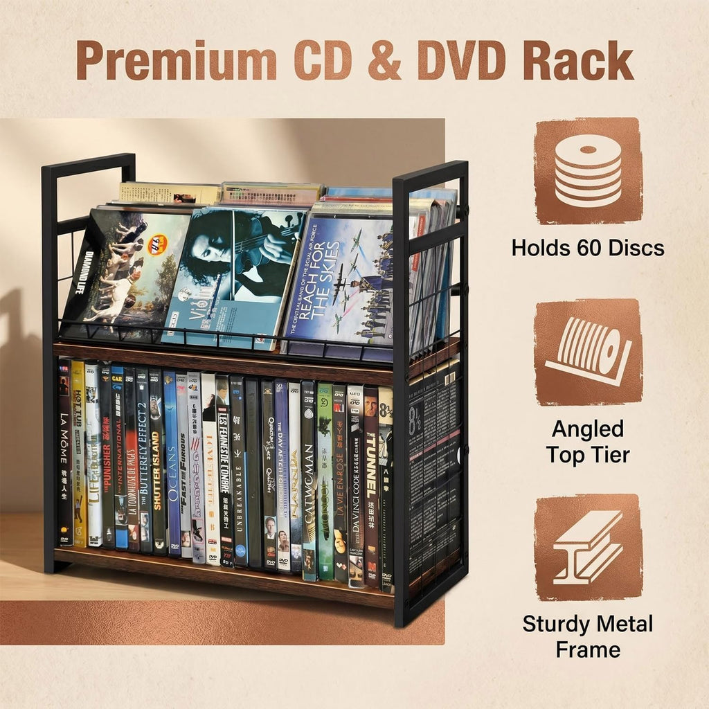 2-Tier CD/DVD Storage Rack for Desktop/Closet - 2 Pack | Holds 96 DVD Cases, for Blu-ray/Game Cases/Papers/Cards, Space-saving Desktop/Closet Stand