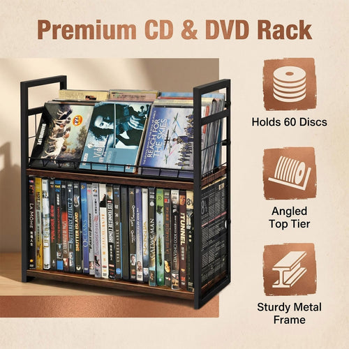 2-Tier CD/DVD Storage Rack for Desktop/Closet - 2 Pack | Holds 96 DVD Cases, for Blu-ray/Game Cases/Papers/Cards, Space-saving Desktop/Closet Stand