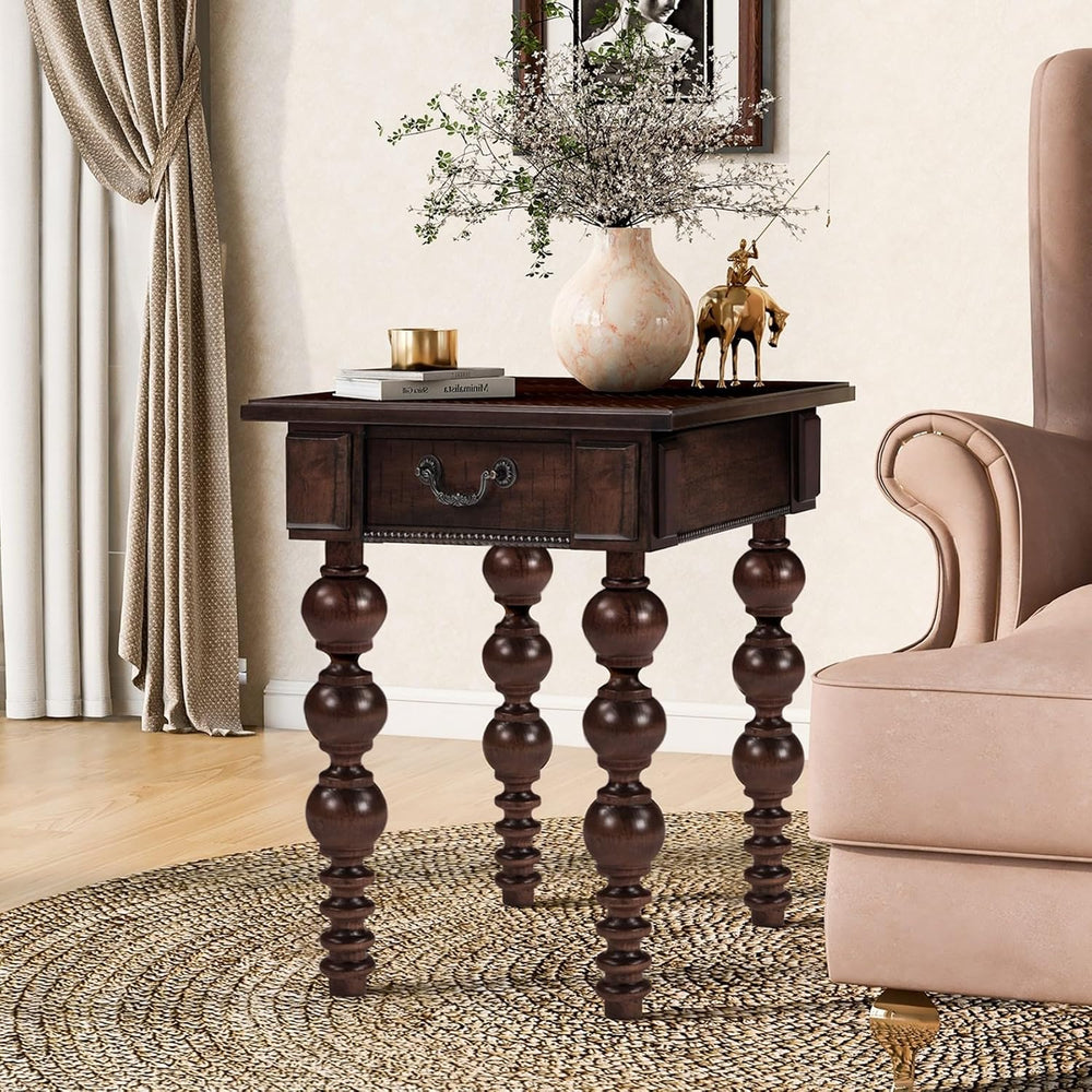 KEIKI Solid Rubber Wood Round Side End Table with Storage Drawer, Traditional...