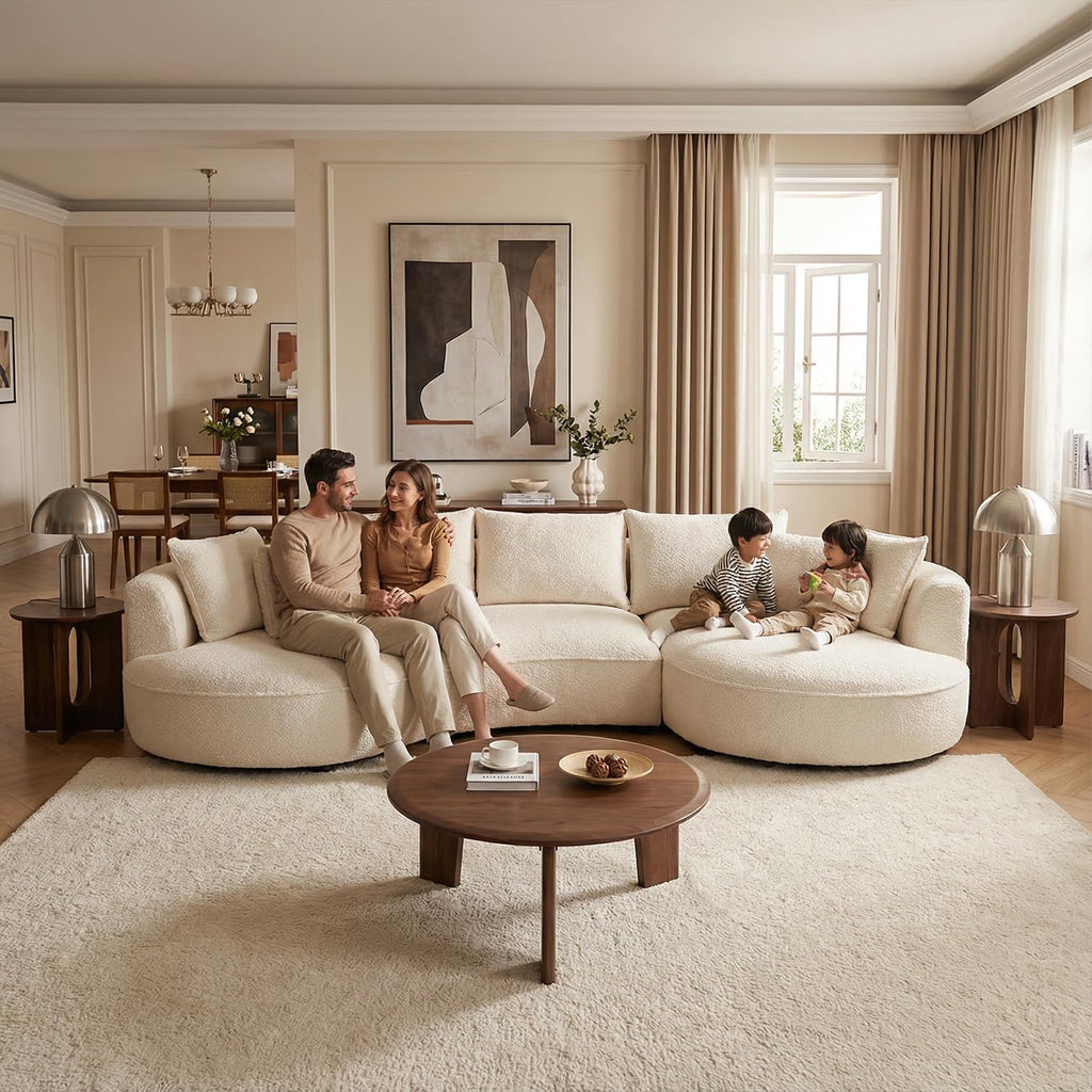 Oversized Curved Sectional Sofa, 125", 5-Seater, Upholstered, Boucle, Cloud | Boucle Upholstered Modular Couch with Chaise, Deep Seat Luxury Cloud Sofa, for Living Room, Apartment, Right Facing, Beige