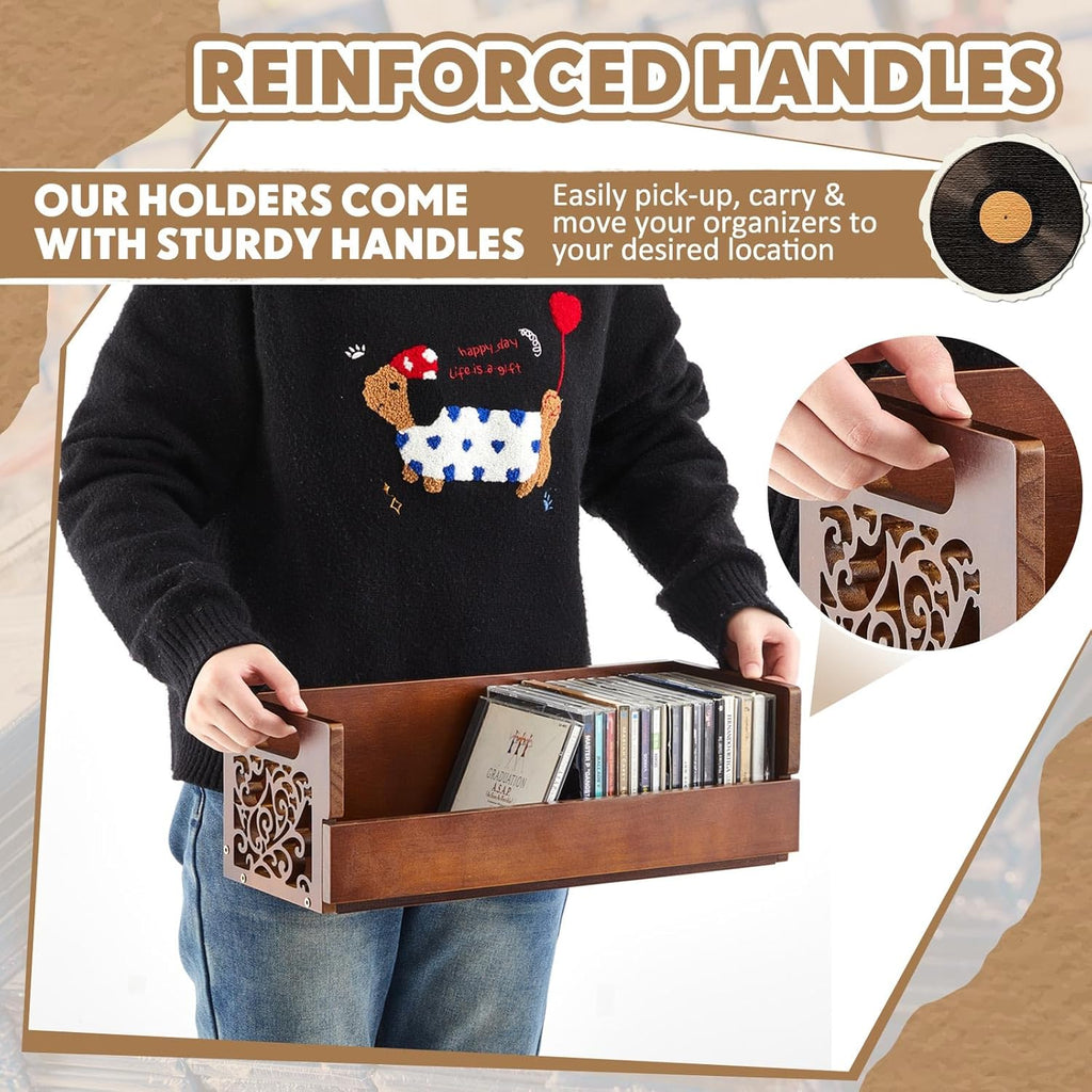 CroBlissful 4 Set Wooden Cd Holder, Stackable Cd Storage Rack with Handles, Magnetic Front-opening Design, Compact Media Organizer for Home Office & Living Room, Each Set Holds up to 36 Cases (Brown)