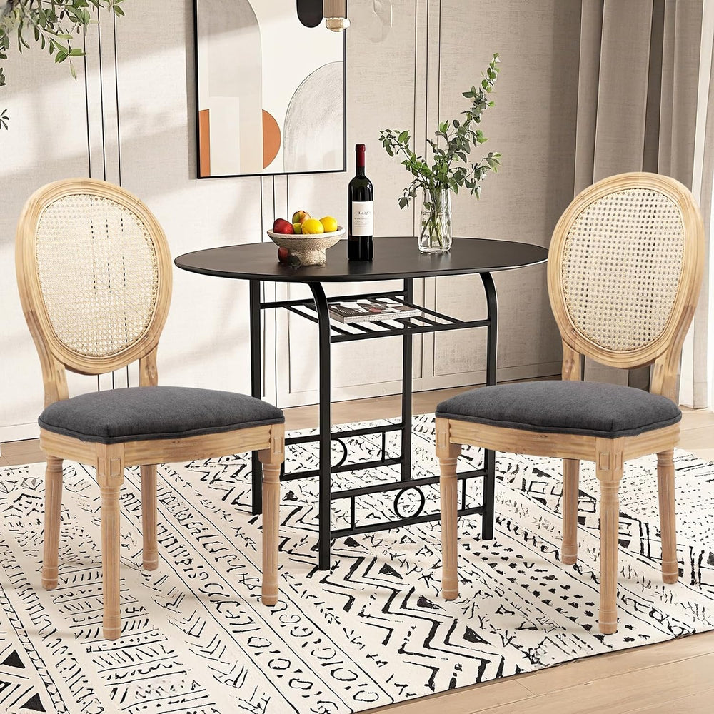 French Country Rattan Dining Chairs Set of 4,Round Back Kitchen Chair,Grey