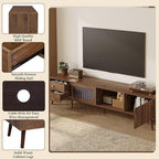 Marzzi Mid-Century Modern TV Stand for 85 inches TV, 76" Media Console with Fluted Cabinet Door, Sliding Glass Doors, and 2 Drawers, Entertainment Center with Storage, Solid Wood Legs