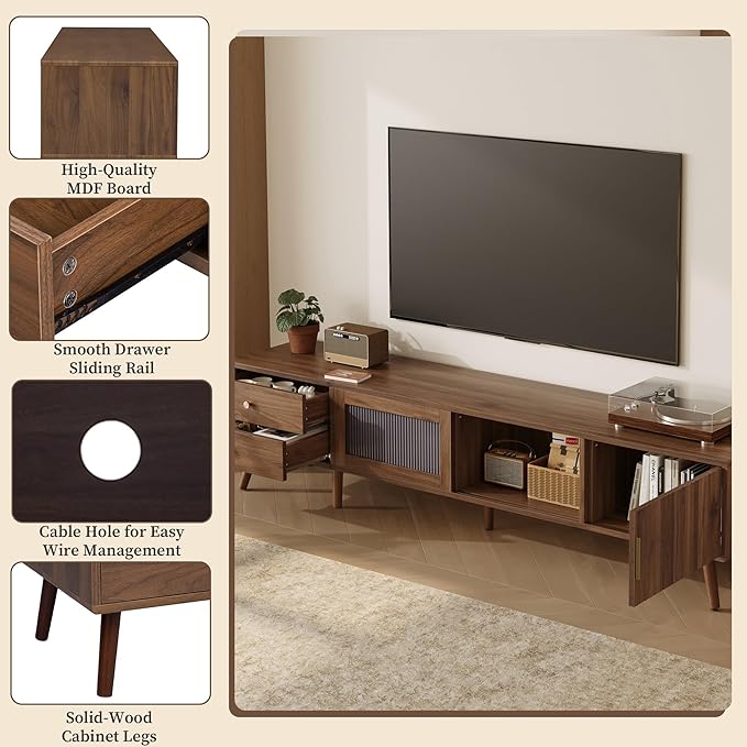 Marzzi Mid-Century Modern TV Stand for 85 inches TV, 76" Media Console with Fluted Cabinet Door, Sliding Glass Doors, and 2 Drawers, Entertainment Center with Storage, Solid Wood Legs
