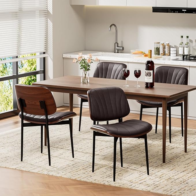 Dining Chairs Set of 8, Mid-Century Modern Upholstered PU Leather Chairs with Walnut Bentwood Back and Metal Legs Adjustable Feet for Kitchen Dining Room, Dark Brown Shell Strips