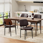 Dining Chairs Set of 4, Mid-Century Modern Upholstered PU Leather Chairs with Walnut Bentwood Back and Metal Legs Adjustable Feet for Kitchen Dining Room, Dark Brown Shell Strips