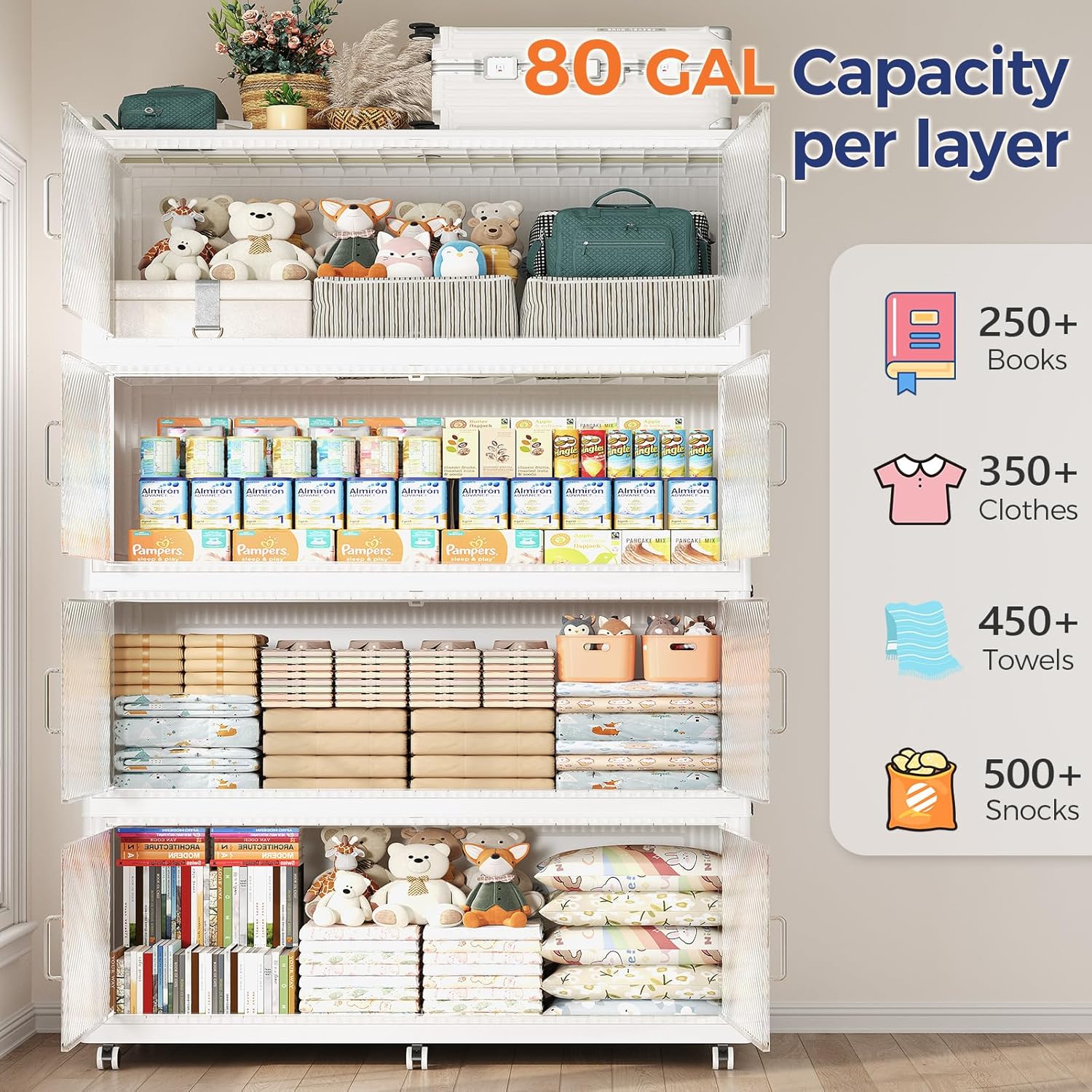 320GAL Extra Large Storage Bins with Lid, 1280QT Collapsible Organizer with Wheels, Stackable Closet Cabinet with Doors, Folding Storage Containers for Home, Office, Kitchen, 4Pack White