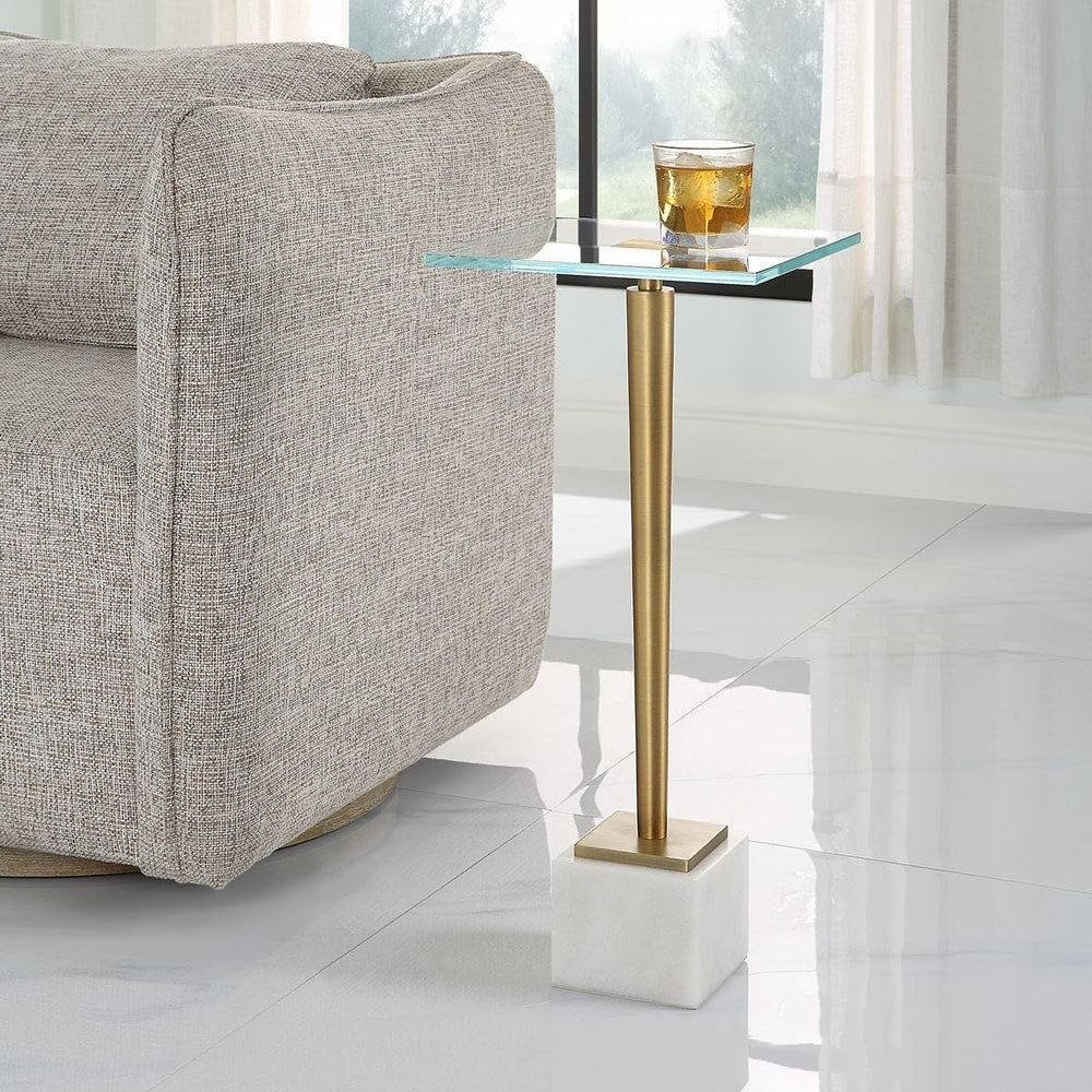 Miri Accent Table | Brass Plated and Tempered Glass Top with White Marble Bas...