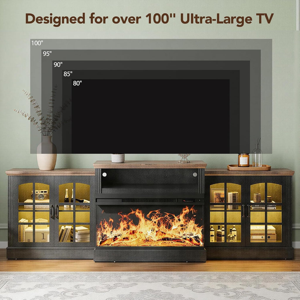 oneinmil 97" Entertainment Center with 36" Electric Fireplace, Farmhouse Fireplace TV Stand for TVs up to 100", Large Media Console Table with LED Lighting & Storage Cabinets, for Living Room, Black