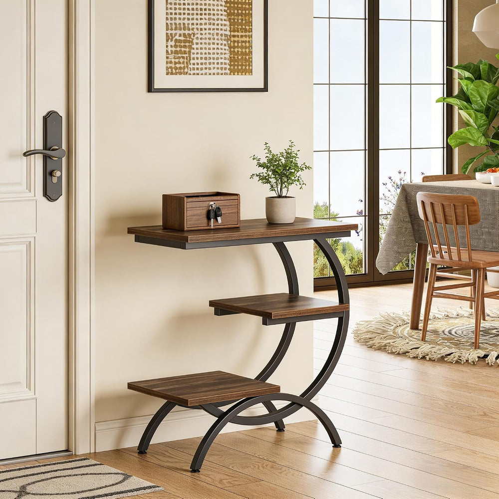 C-Shaped End Table, Narrow End Table with 3 Storage Shelves, 3-Tier Small Sid...