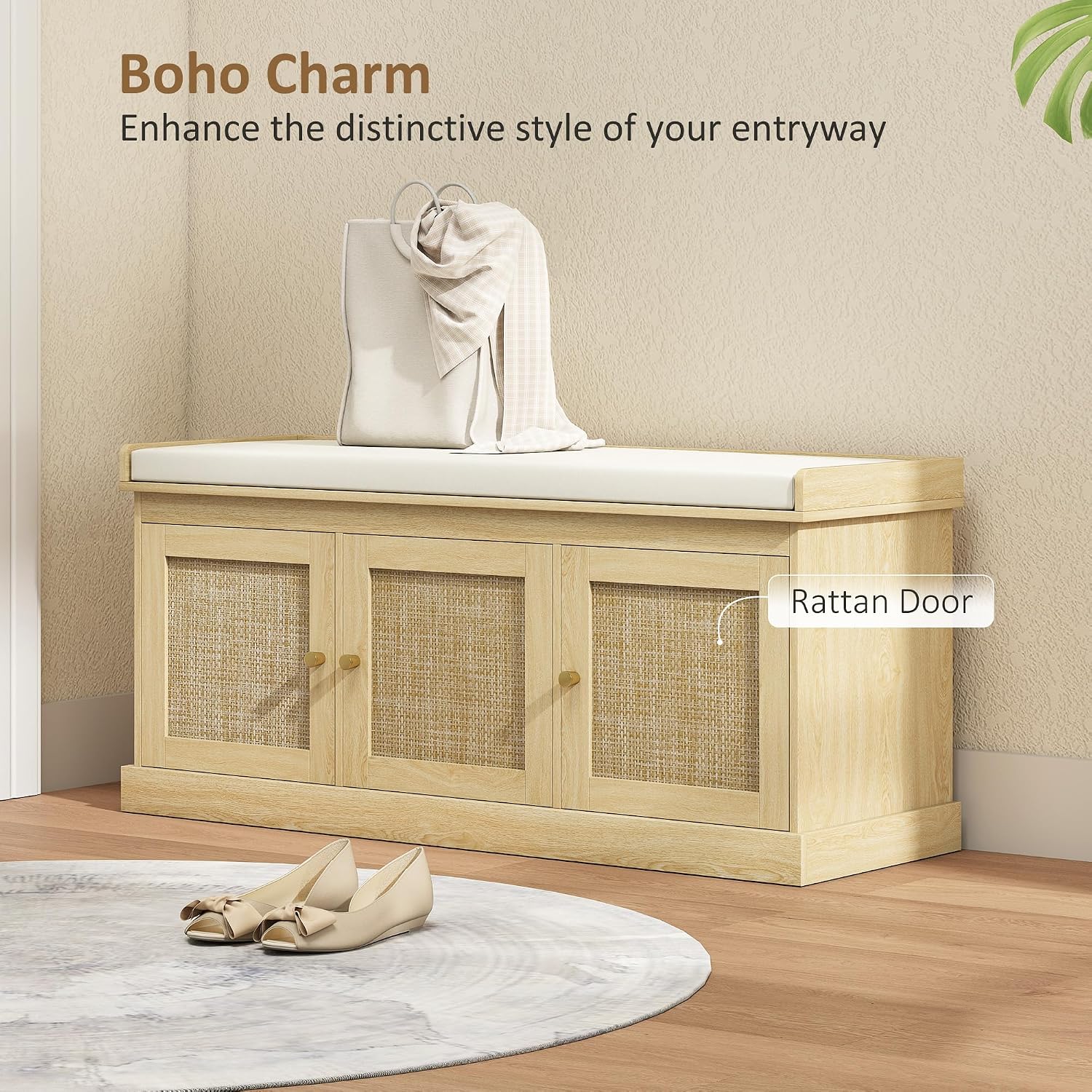HOMCOM Shoe Bench Storage Rattan Doors 13.8 x 41.3 x 18.5 Inches Oak Tone | Cushion Seat, Adjustable Shelves for 9 Pairs, Boho Style, Bedroom, Living Room