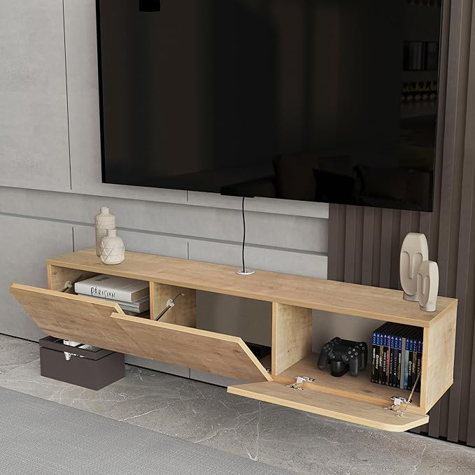 Atelier Mobili Modern Floating TV Stand Wall Mounted for 80 Inch TV, Oak Entertainment Center and TV Stands for Living Room or Bedroom, Entertainment Center for 65 Inch TV